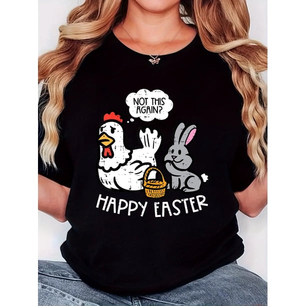 Camiseta Para Mujer Ropa De VeranoWomen'S T-Shirt, "Grey Rabbit And Other White Chicken Easter White" Print, Retro Minimalist Fashion, Round Neck, Casual And Comfortable, Sports Short-Sleeved T-Shir