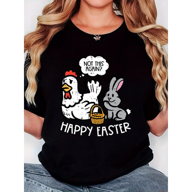 Camiseta Para Mujer Ropa De VeranoWomen'S T-Shirt, "Grey Rabbit And Other White Chicken Easter White" Print, Retro Minimalist Fashion, Round Neck, Casual And Comfortable, Sports Short-Sleeved T-Shir
