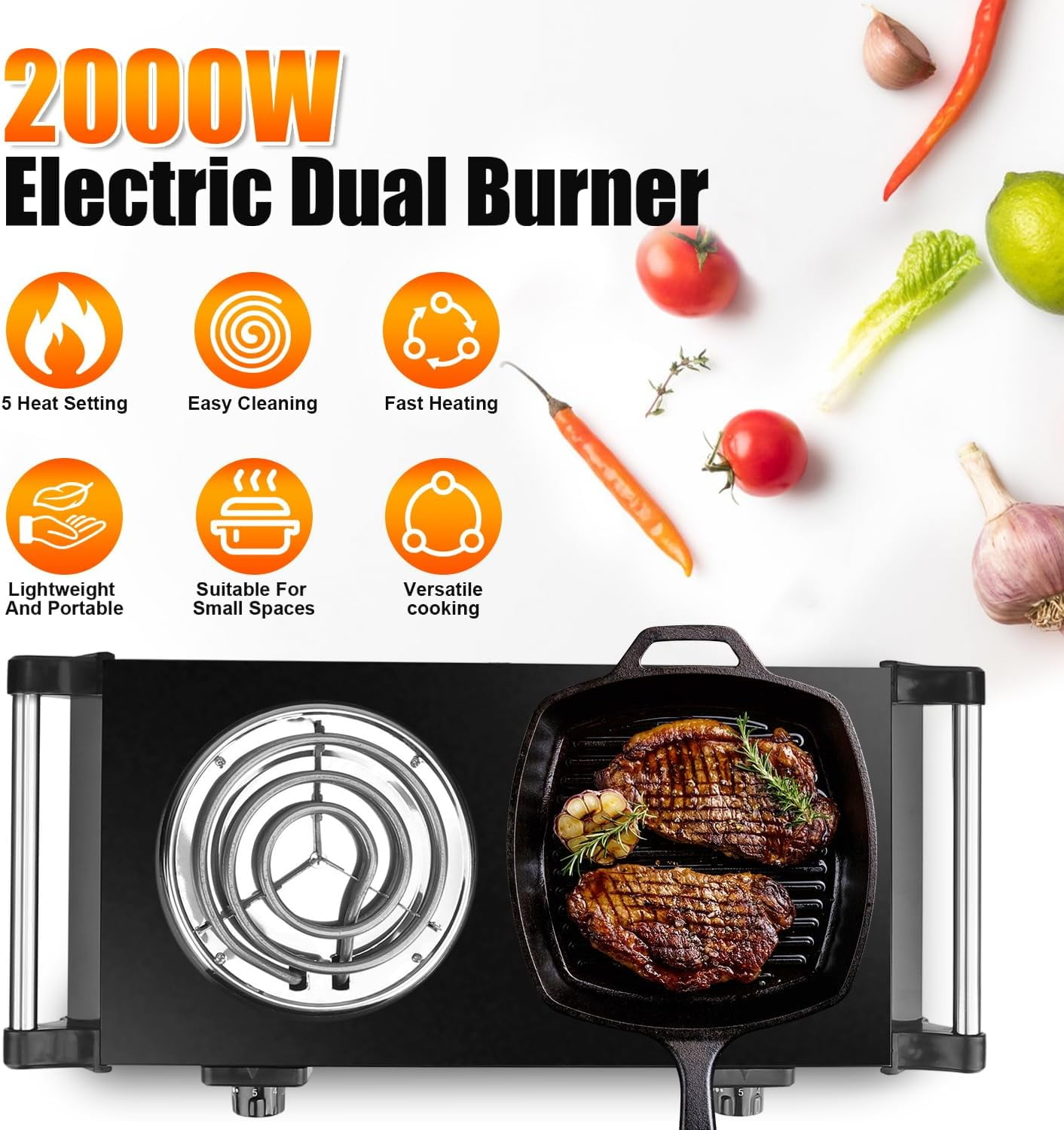 Double Hot Plate, 2000W Portable Countertop Burner & Electric Stove, 5-Level Temp, Portable Handle, Cast Iron Double Burner Cooktop for Home/RV/Camping (Black)