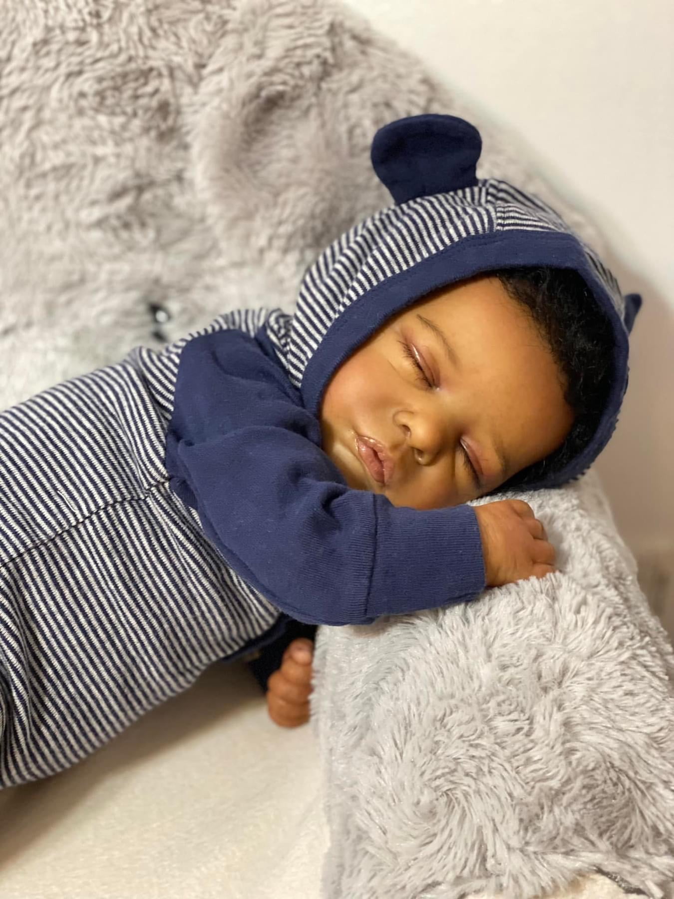 Reborn Baby Dolls 19 inch Lifelike Cute Soft Body Sweet Sleeping Real Life Baby Dolls Black Skin Real Newborn Dolls with Outfit and Feeding Toy for 3+ Years Old Kids