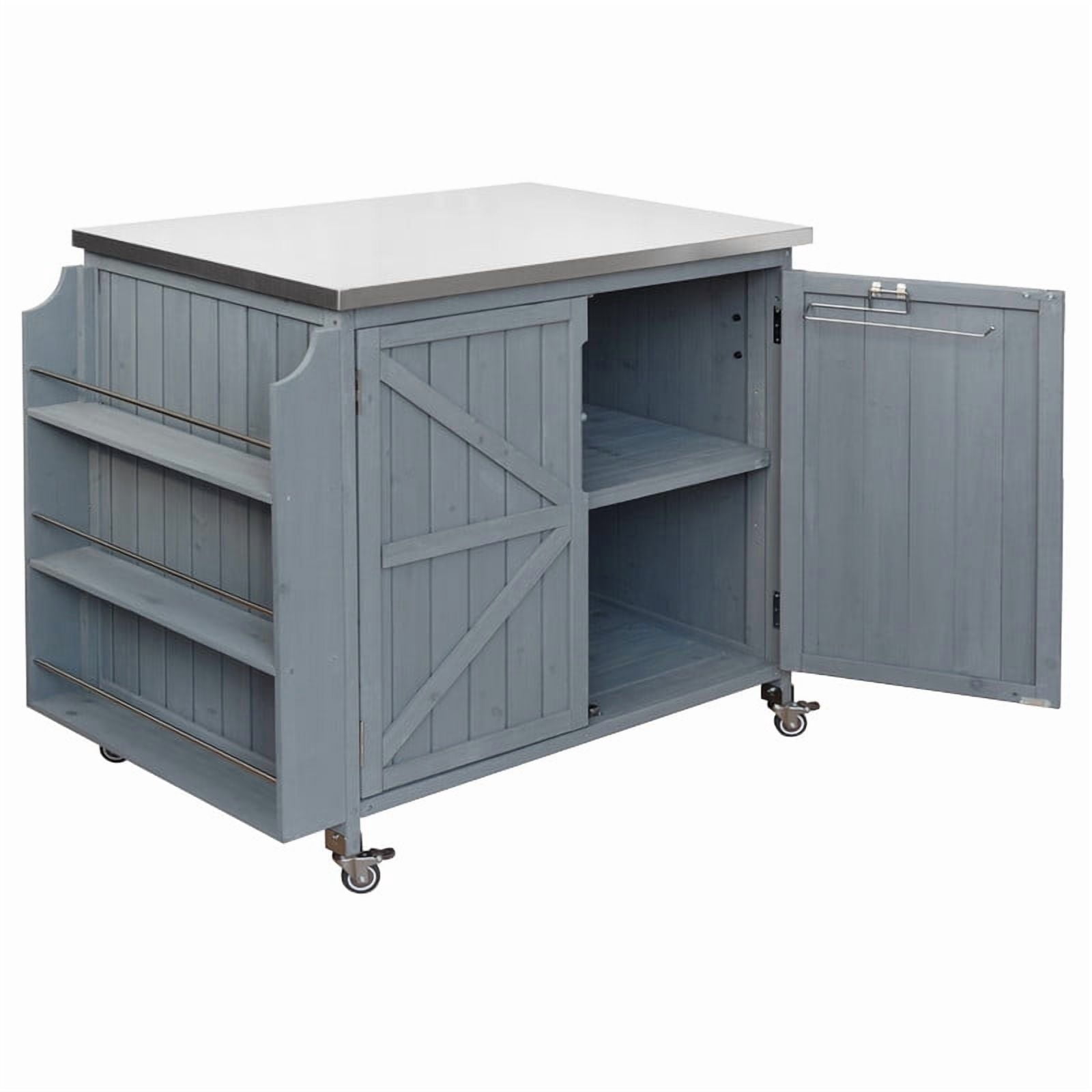 42" Outdoor Kitchen Island with Stainless Steel Top, Fir Wood Grill Cart Outdoor Storage Cabinet with Adjustable Shelf and 4 Wheels