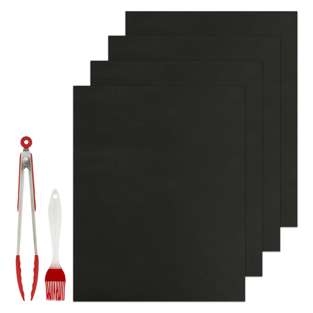 15.75 x 13Inch with Oil Brush and Grilling Tong Non-Stick Cooking Mat Reusable Teflon Barbecue Baking Mat for Electric Grill Gas Charcoal BBQ Xpatee BBQ Grill Mat 5 pcs 