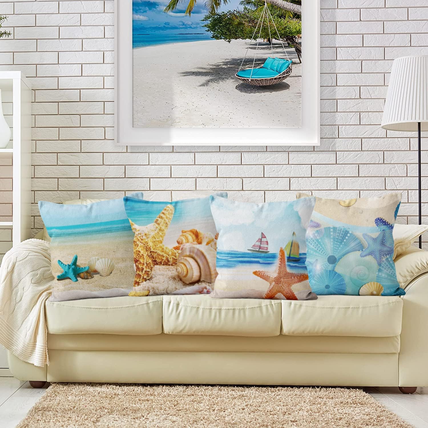 Beach Pillow Covers 20x20 Set of 4, Summer Outdoor Decor Throw Pillow Covers Starfish Shell Pillowcase Ocean Sea Cushion Case for Home Living Room Yard