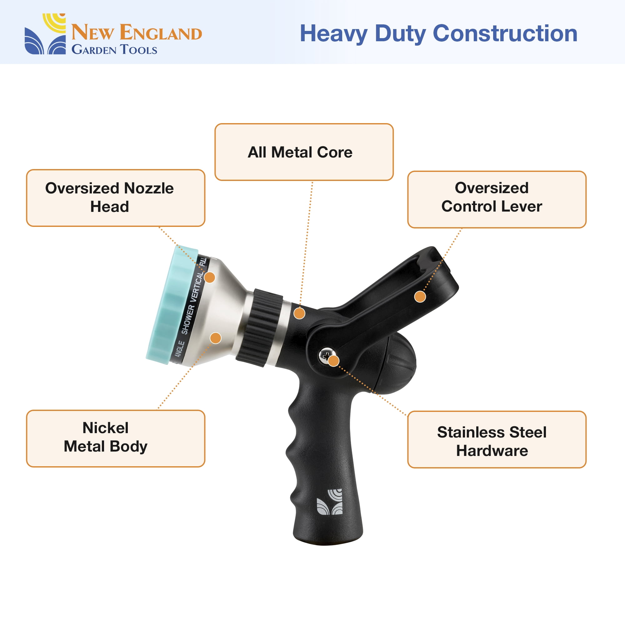 Heavy Duty Metal 10 Pattern Fireman’s Hose Nozzle 500003 with Lever Control and Comfort Grip by New England Garden Tools for Cleaning, Watering Plants & Yards, Washing Cars & Livestock