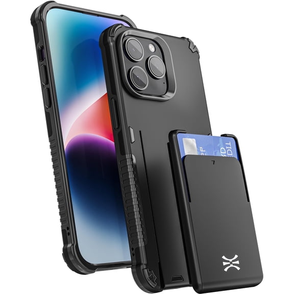TORU CX PRO for iPhone 14 Pro Slim Hard Wallet Case | Detachable Sliding Card Holder for 3 Cards | Dual Layer Protective Shockproof Cover for Wireless Charging - Black