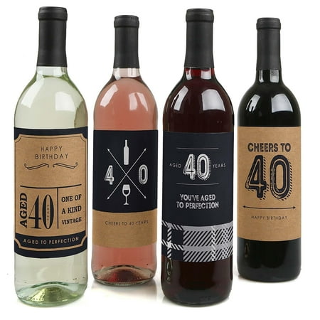 Big Dot of Happiness 40th Milestone Birthday Party Gift For Men – Wine Bottle Label Stickers – Set of 4