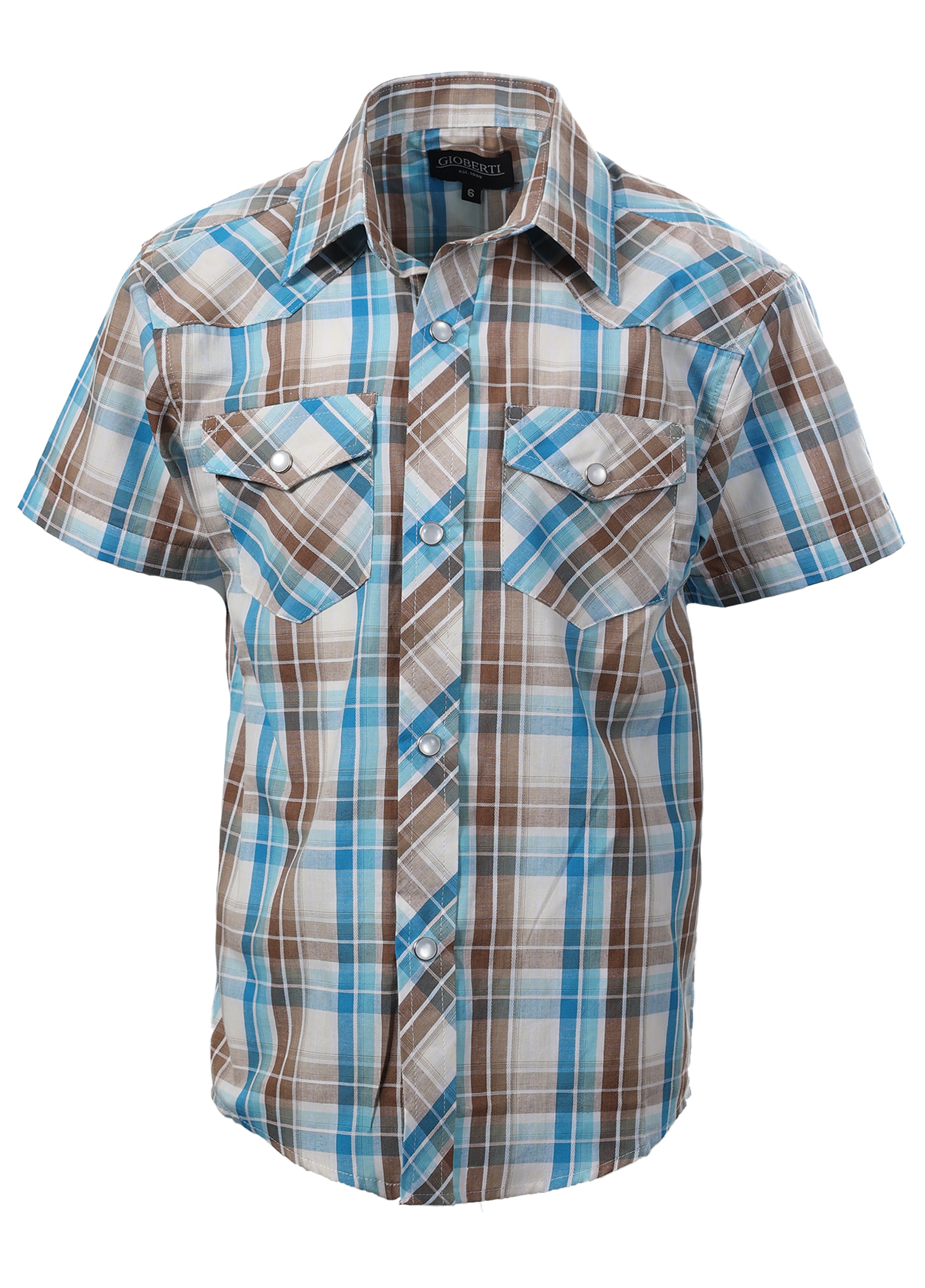 Gioberti Boys Casual Western Plaid Pearl Snap-on Buttons Short Sleeve Shirt 