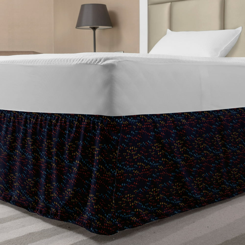 Dark Blue Bed Skirt, Vibrant Colorful Stars and Flowers in the Dark