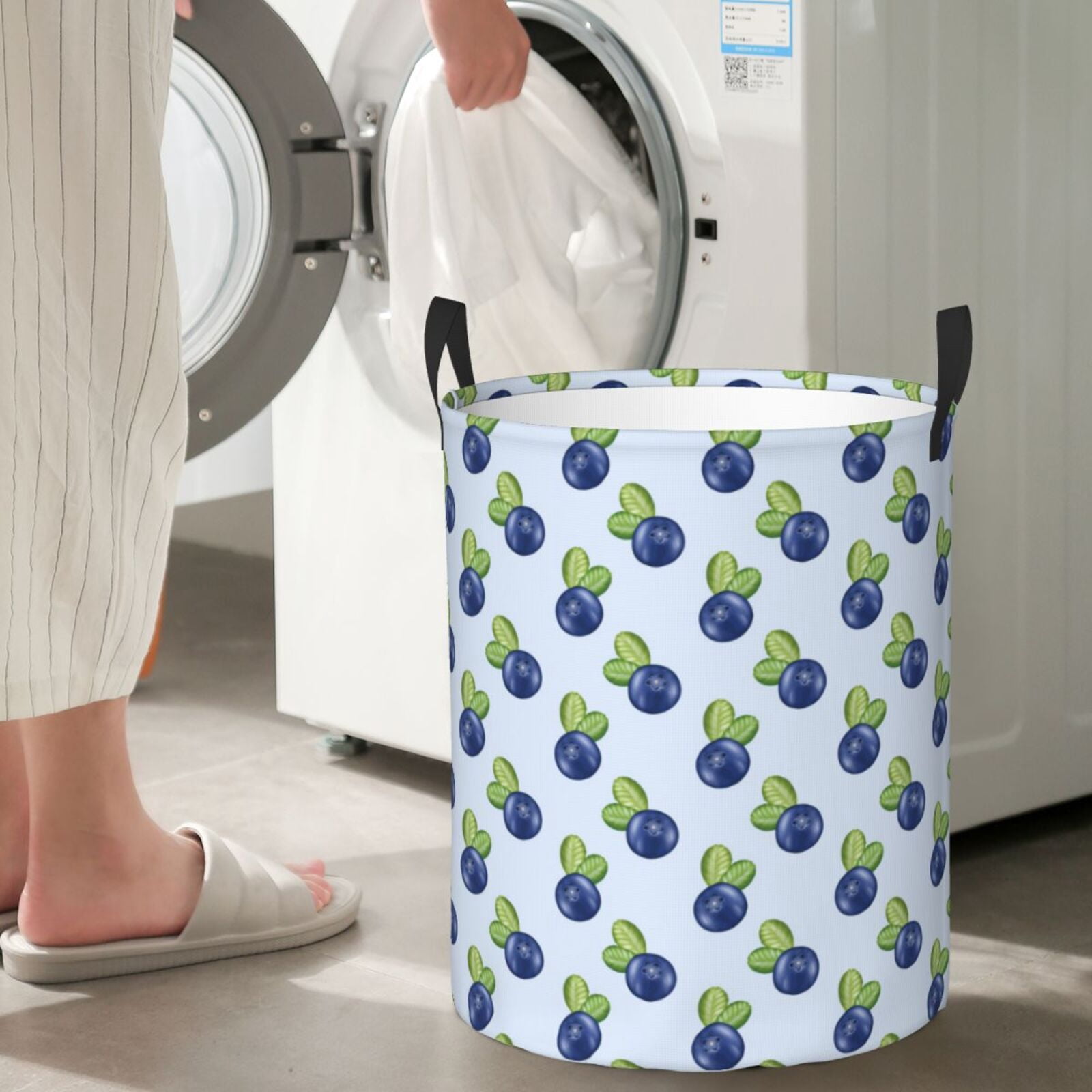 Large Laundry Basket with Handles - Cute Blueberry Cyan Blue Kids Baby Dirty Clothes Laundry Hamper for Bedroom Aesthetic