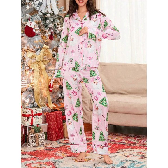 Womens Pink Christmas Pajama Set Long Sleeve Lapel Button Up Sleepwear