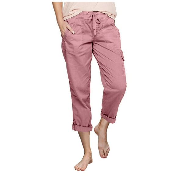 Cargo Pants Women Plus Size Casual Solid Color Comfy High Rise Pants for Women Fashion Loose Fit Daily Wide Leg Drawstring Lightweight Party Vacation Beach Pants with Pocket（Pink,L）