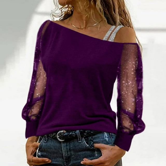 Mikilon Blouse T-Shirt Décontractée pour Femme à Col Asymétrique en Gaze Patchwork à Manches Longues de Couleur Unie