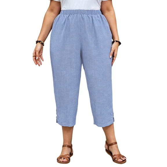 SHTXOZHI Womens Plus Size Capris Elastic Waisted Loose Breathable Pants Casual Beach Vacation Pants with Pockets