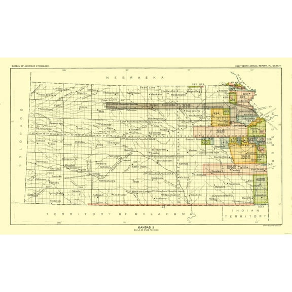 Historic State Map - Kansas - Hoen 1896 - Vintage Wall Art