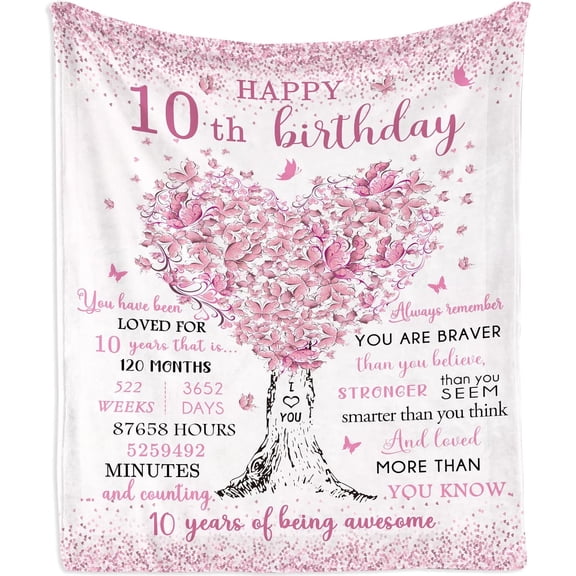 10 Year Old Girl Birthday Gifts Blanket 60x50in, Gifts for 10-Year-Old Girls, Ten Years Old Present, 10th Birthday Presents for Her, Double Digits Gift Ideas Throw Blankets