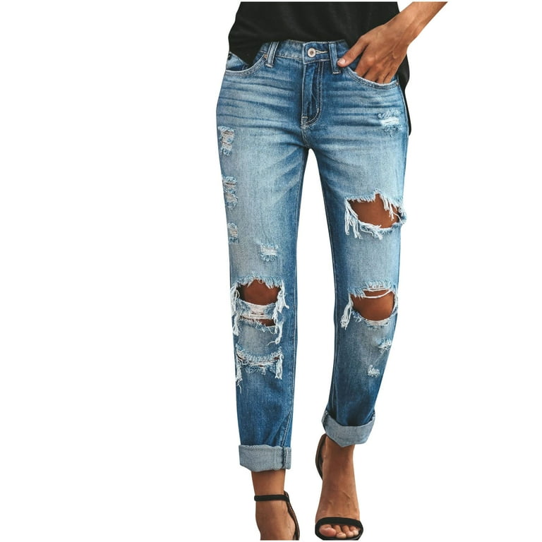 Summer Savings Clearance 2023 Women Fashion High Waist Pocket Solid Casual Straight Leg Pants Hole Jeans Ladies New Solid Color High Waist Straight