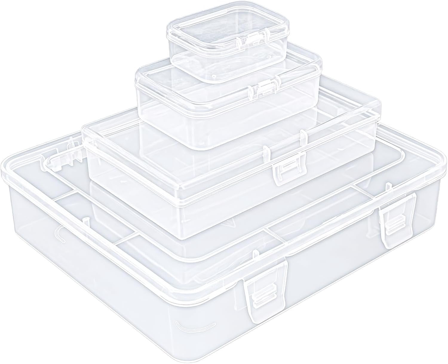 7 count Mixed Sizes Rectangular Empty Mini Clear Plastic Organizer Storage Box Containers with Hinged  for Small Items and Other Craft Projects