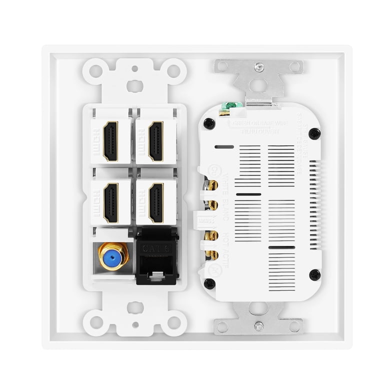 RiteAV Decor Wall Plate Outlet With 4 HDMI, 1 Ethernet, 1 Coax & Dual USB Charging Ports (A & C) - Tool-less, White, 15A/125V