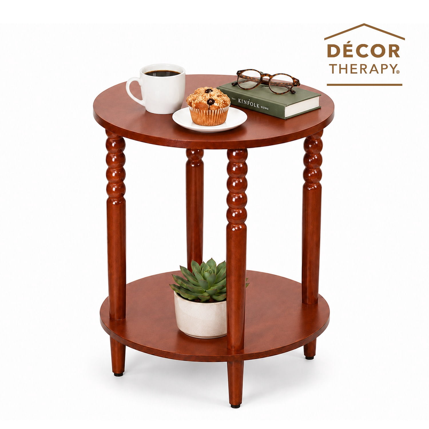 Decor Therapy Stafford Round Side Table, Two-Tier Modern End Table with Spindle Legs, Easy Assembly, Cherry