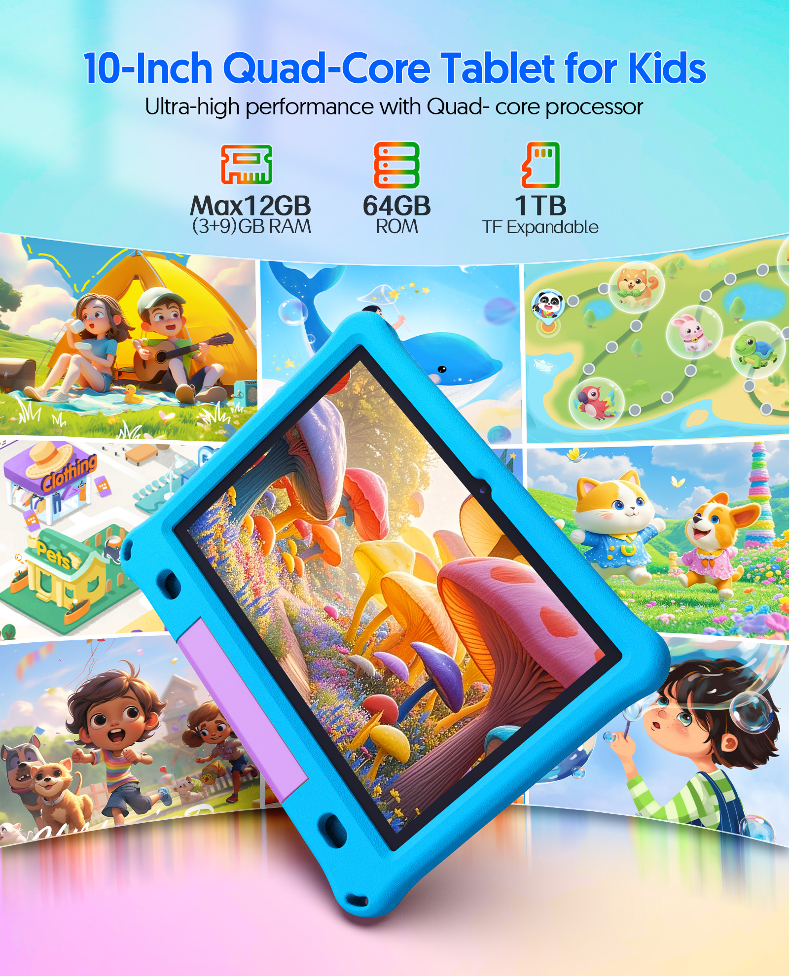 FITIFUN 10.1 inch Kids Tablet Android 15, 3GB RAM 64GB ROM 1TB