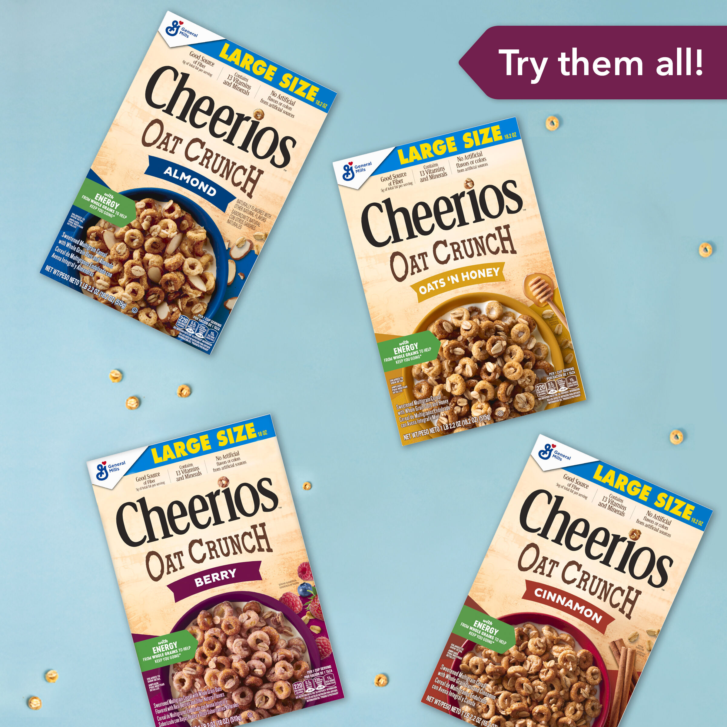 Cheerios Oat Crunch Oats & Honey Oat Breakfast Cereal, Family Size, 24 ...