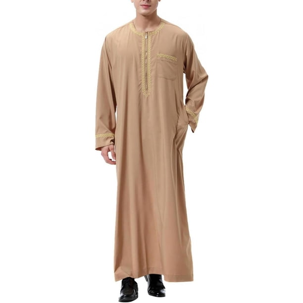 Kaftan musulmán con estampado para hombre, estilo realeza islámica de Dubái, túnica retro de cuello redondo y mangas largas, abaya holgada, kandoura