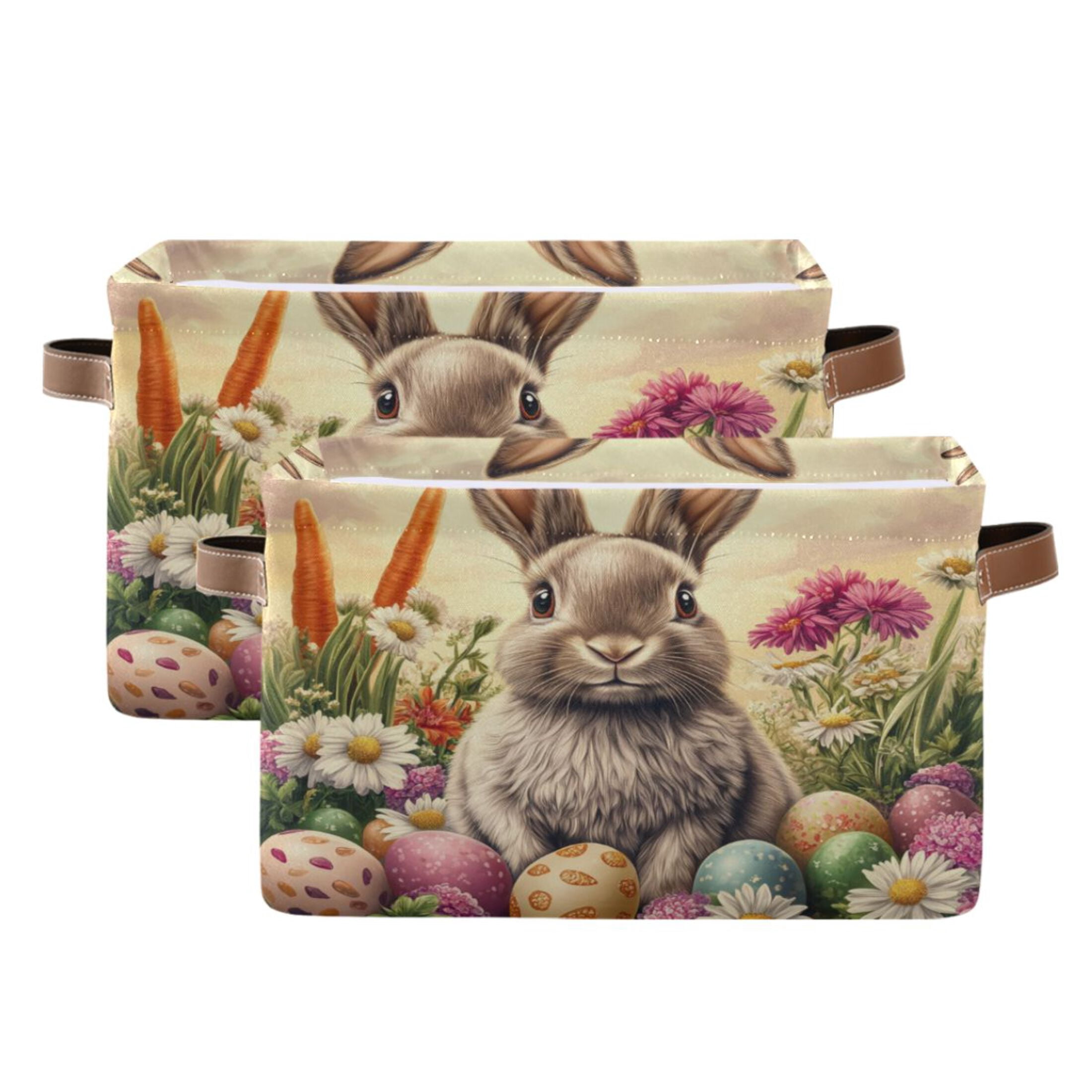 WOBOGO Lovely Easter Bunny Square Storage Basket with Waterproof Canvas and PE Lining Durable PU Leather Handles 14.2×10.2×8.3in