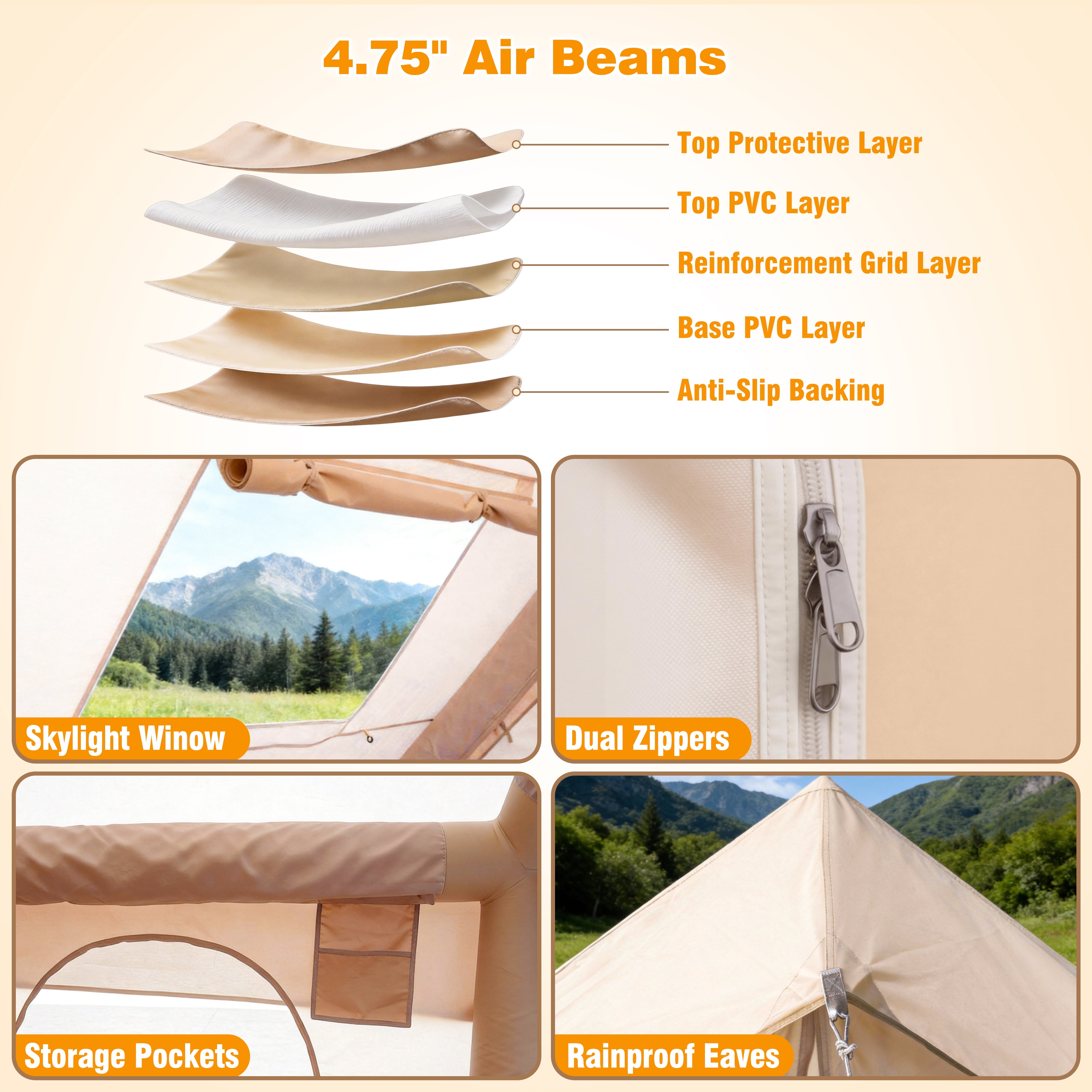 Qunler 4-6 Person Inflatable Tent with Pump, Large Waterproof Air Tent for Camping, Easy Setup in 5 Mins, Windproof Cabin Shelter, Beige