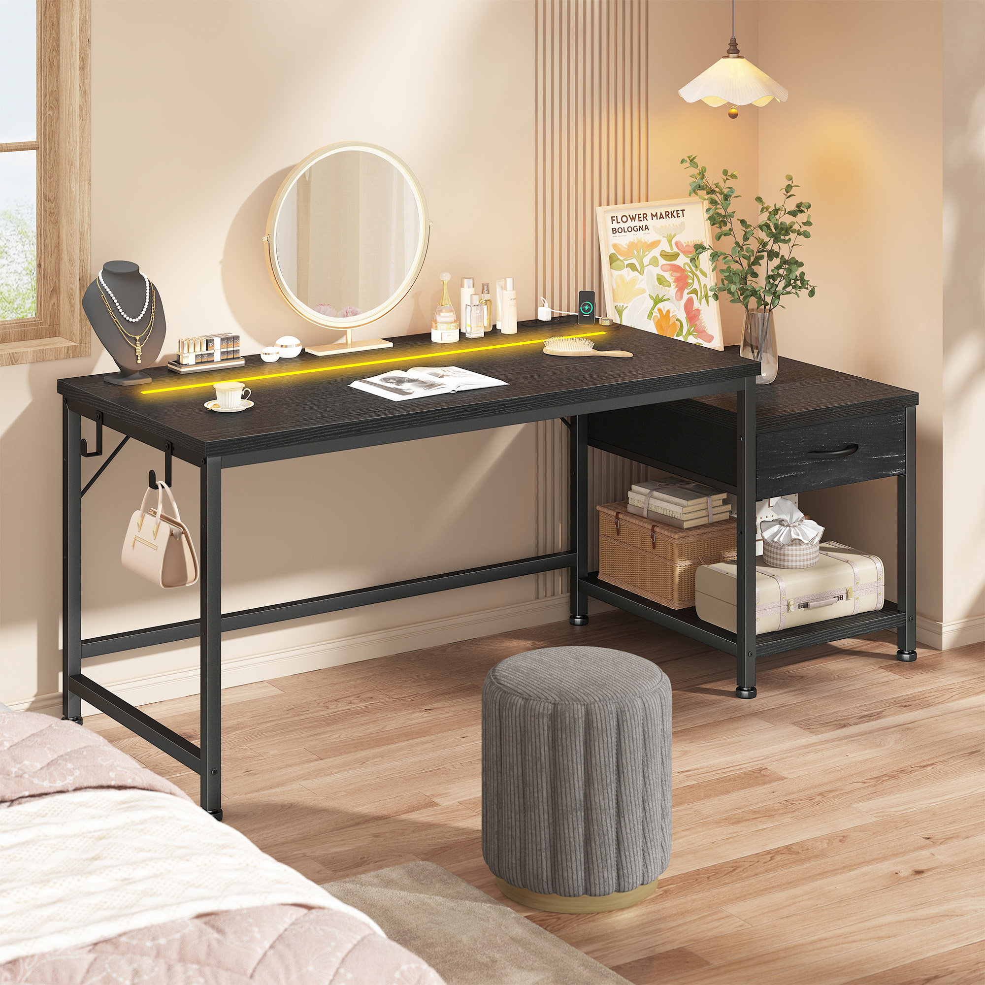 Romorgniz 56"W Gaming Desk with LED Lights & Power Outlets, Computer Desk with Fabric Drawer & Printer Shelf, Small Space Desk for Home Office, Dorm, Bedroom, Black