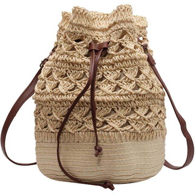 LHSHID Straw Bucket Bag for Women, Summer Woven Beach Bag Drawstring Hobo Bucket Purses Handbag for Vacation