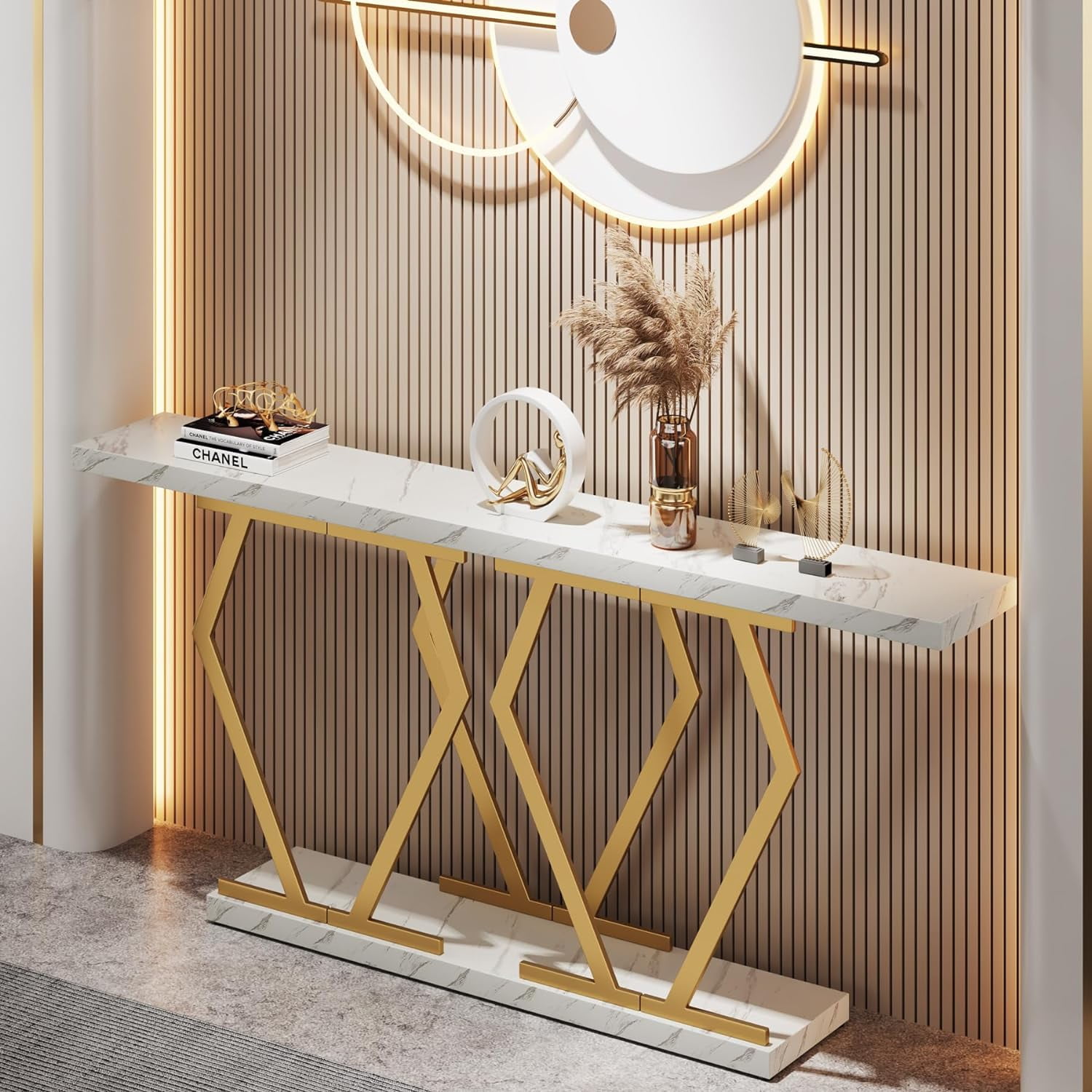 Tribesigns 70.9 Inch Extra Long Sofa Table, Console Table with Faux Marble Tabletop, Modern Long Entryway Table with Metal Frame, White & Gold