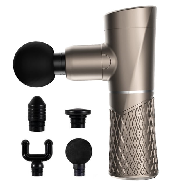 Pistola de Masaje Portátil para Aliviar Músculos, Vibración Intensa, Color Oro Champán, Ligera y Silenciosa, con 4 Cabezales Intercambiables y Batería Recargable, Ideal para Gimnasio, Hogar o Viaje.