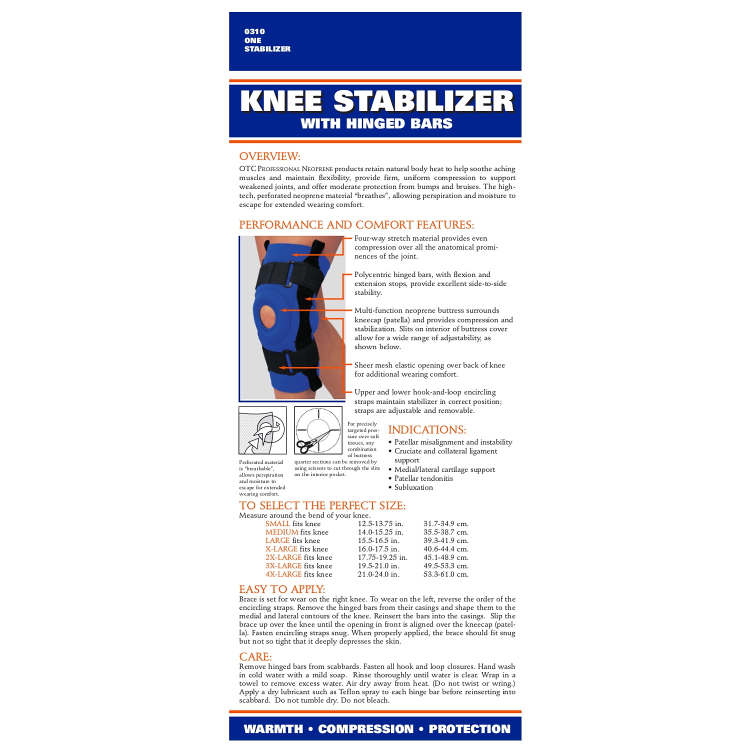 OTC Neoprene Knee Stabilizer - Hinged Bars, Blue, Small