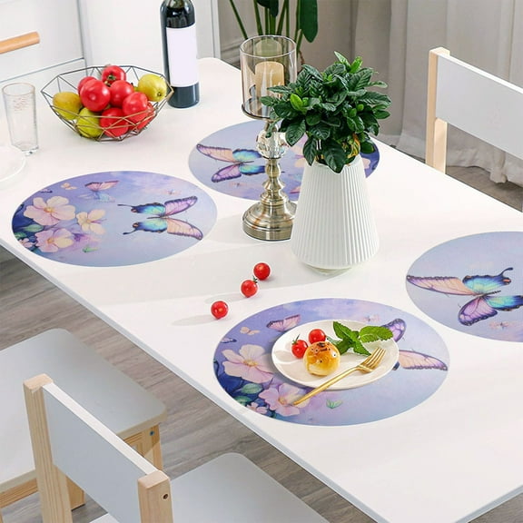 Round Grid Placemat ,One Sizex1, Round Placemat, PVC Plate Mat，15.4 Inch Non-Slip and Heat Resistant, Table Placemat, Dining Room Placemat Light Purple Rainbow Butterfly