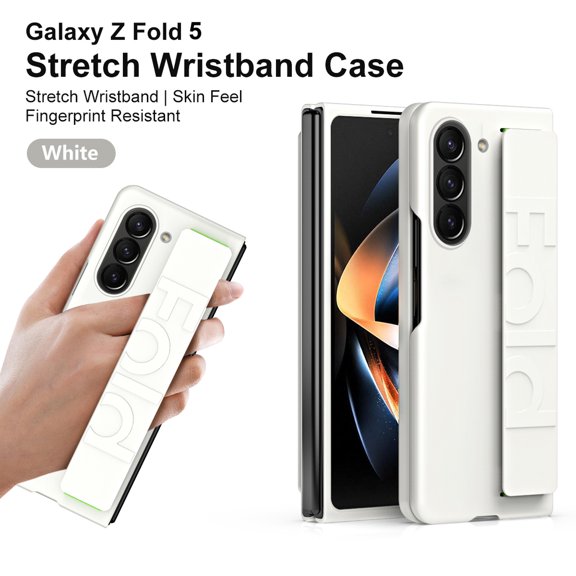 Nalacover for Samsung Galaxy Z Fold 6 Wristband Case, Elastic Stretchable Woven Tape Hand Strap Rugged PC Shockproof Full Body Lens Protection Folding Cover for Samsung Galaxy Z Fold 6, White