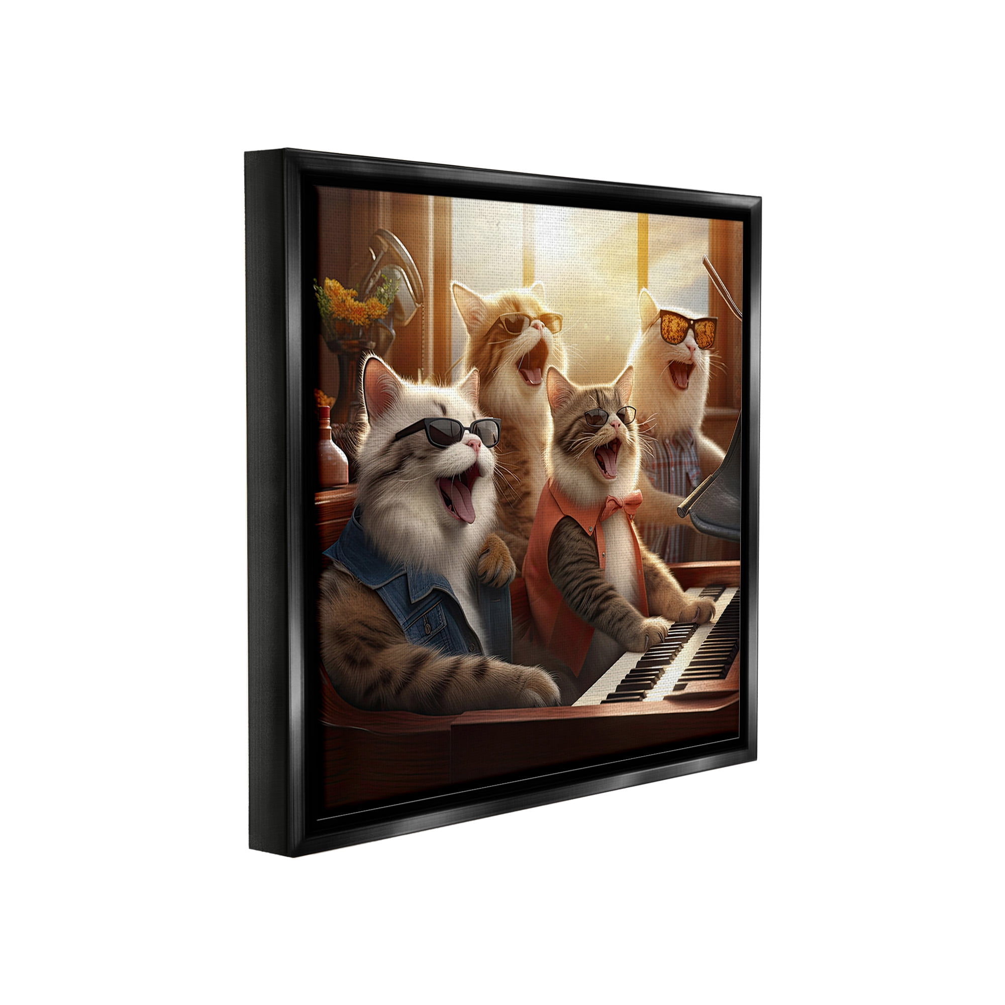 Stupell Industries Cat Musicians & Piano Animals & Insects Painting Black Floater Framed Canvas Art Print Wall Art, 25 x 25