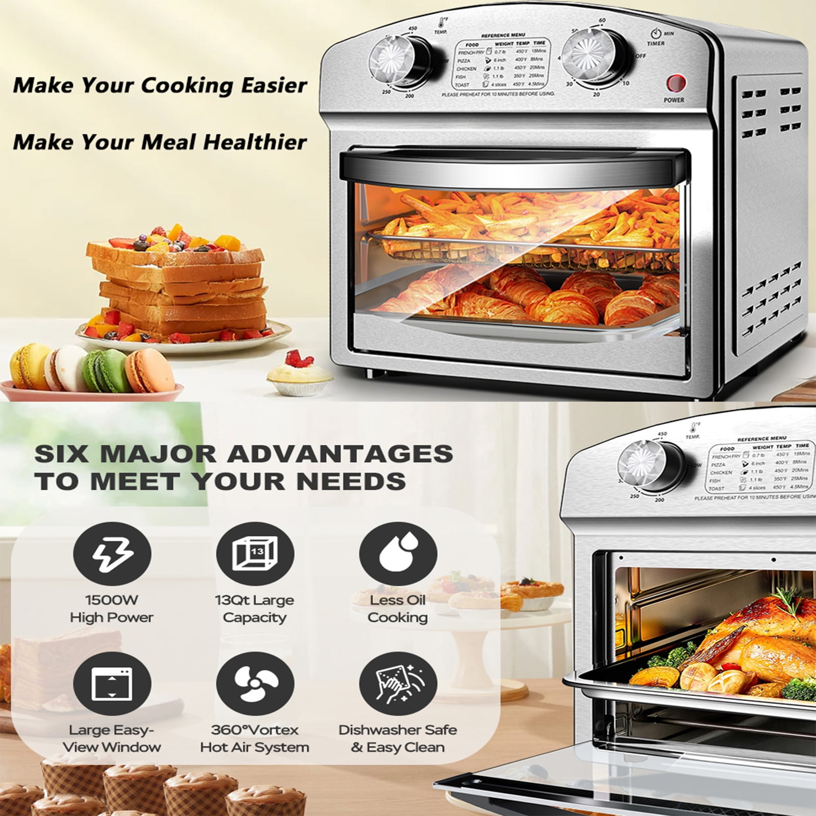13QT Stainless Steel Air Fryer Oven – 85% Less Oil, 360° Hot Air, Multi-Function for Small Families