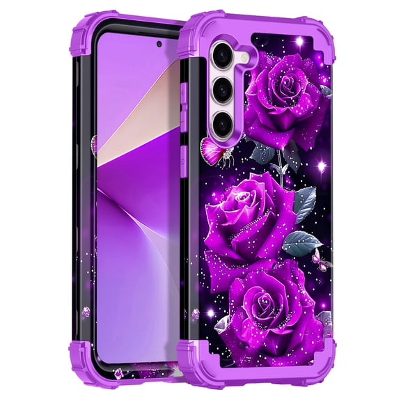 Meshine Phone Case for Samsung Galaxy S23 Plus 5G,Glow in The Dark Heavy Duty Shockproof Protection Hard Plastic Bumper Soft Silicone Case,Purple Rose