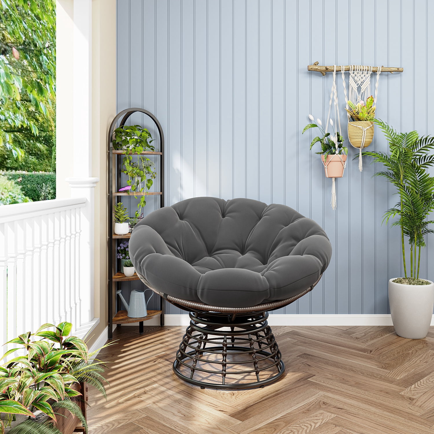 360° Swivel Indoor Outdoor Rattan Chair with Soft Thick Cushion, Ideal for Living Room, Bedroom, Reading Room, Brown Frame with Beige Cushion&nbsp;