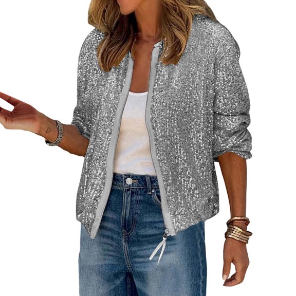 Lady Coat Glittering Sequin Round Neck Zipper Closure Long Sleeves Cardigan Short Type Loose Club Performance Stage Party Jacket