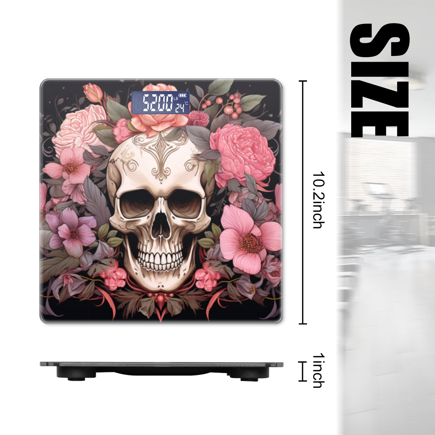 High Precision Body Weight Scale Smart Bathroom Scales with Large LCD Display(400lbs),Decorative for Bedroom-Beautiful Illustration Of Skull Surrounded By Flowers
