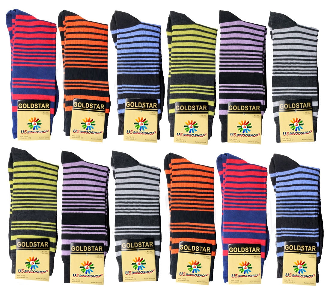 USBingoshop Mens Cotton Argyle Striped Solid Ribbed Black Crew Dress Socks Pack 