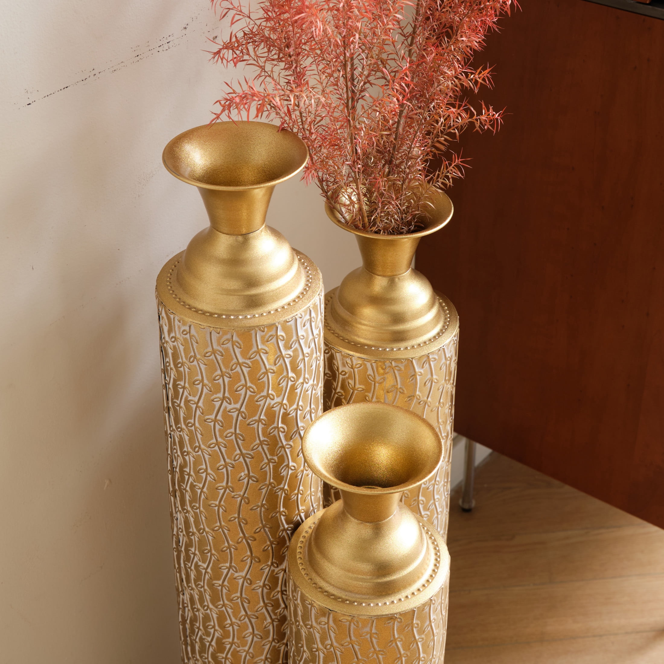 Noble House 3-Piece 33.86", 29.53", 24.8" Metal Floor Vases, Distressed Vine Pattern, Antique Gold