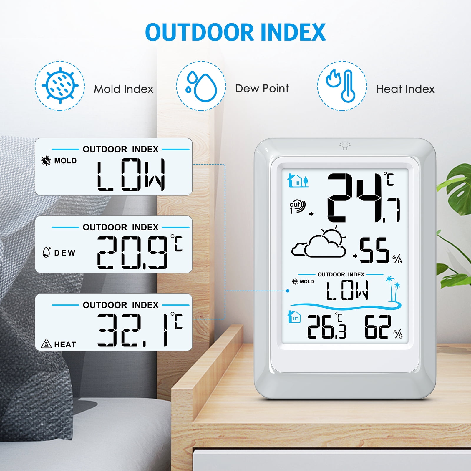 Weather Station, AMIR Indoor Thermometer Outdoor Thermometer with 330ft Remote Sensor Humidity Gauge for Home Greenhouse Office