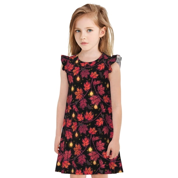 Fotbe Beautiful Maple Leaf Lantern Vestido de Dormir para Niñas de 3 a 10 Años, Mangas Cortas, Estilo Princesa, Pijama Camisón con Mangas Voladas-Large