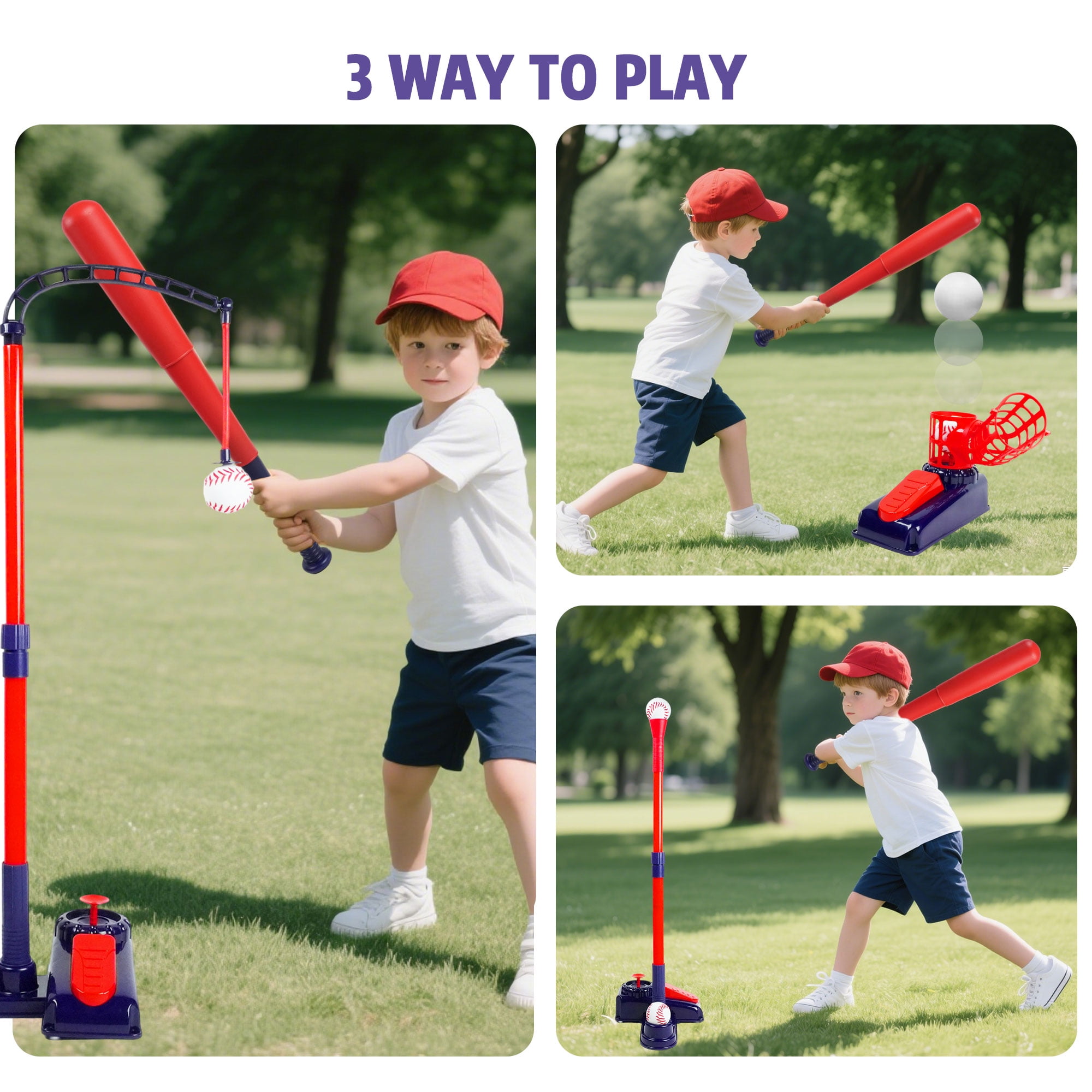 JUGAAD LIFE 3-in-1 T Ball Set for Kids, Adjustable Height Baseball Set with 6 Balls, Tee Ball Set for Age 3 to 6 Years Old, Indoor/Outdoor Backyard Sport Gifts for Boys & Girls