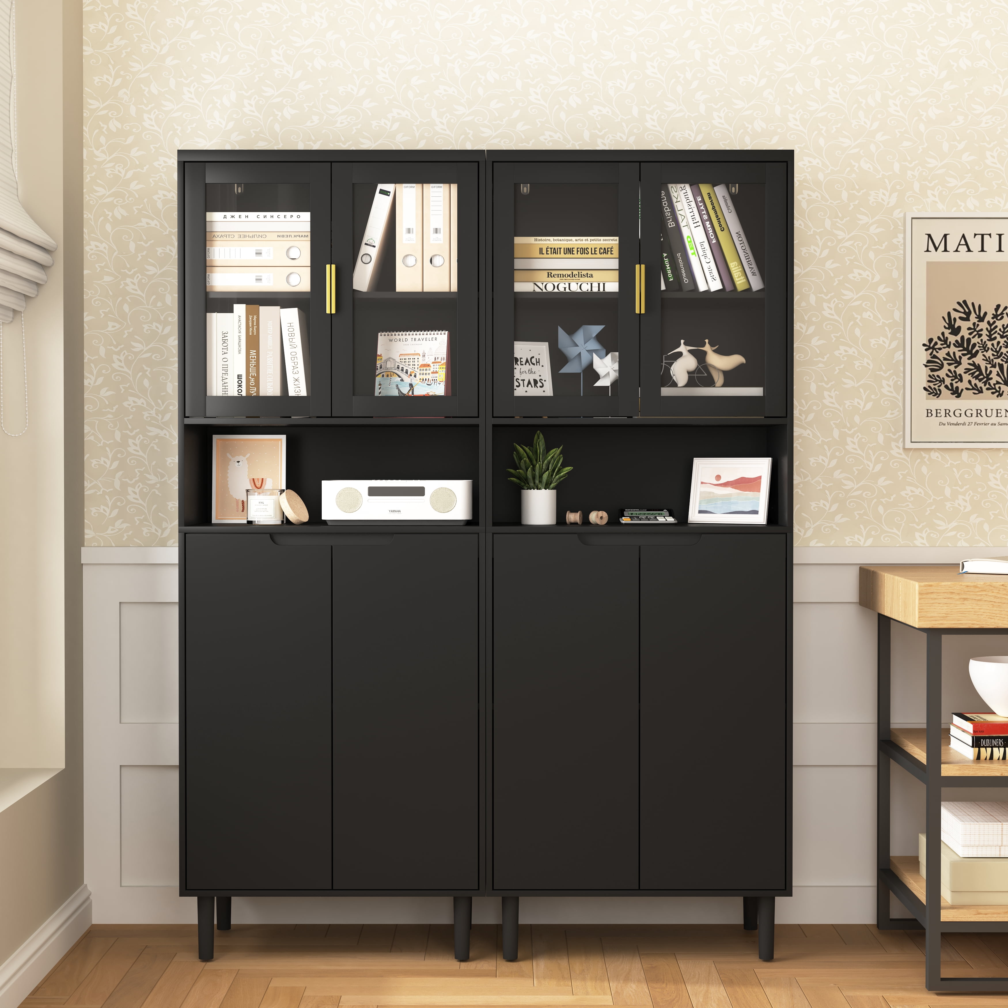 MAYEERTY White Tempered Glass Door Tall Storage Bookcase, 4-Door MDF Cabinet with Adjustable Shelves, Black