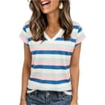 thumbnail image 2 of Women's Striped Color Block V-Neck Button Loose Short Sleeve T-Shirt Top, Casual Blouse for Spring Summer Outfits and Easy Layering,Blue,L, 2 of 7