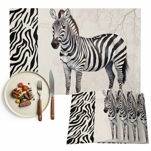 Vintage Watercolor Placemats Set of 4, Zebra Pattern Texture Table Mats Washable Heat-Resistant Non-Slip Place Mats for Kitchen Dinner Table Indoor Outdoor Decor,13x19 Inch Black White