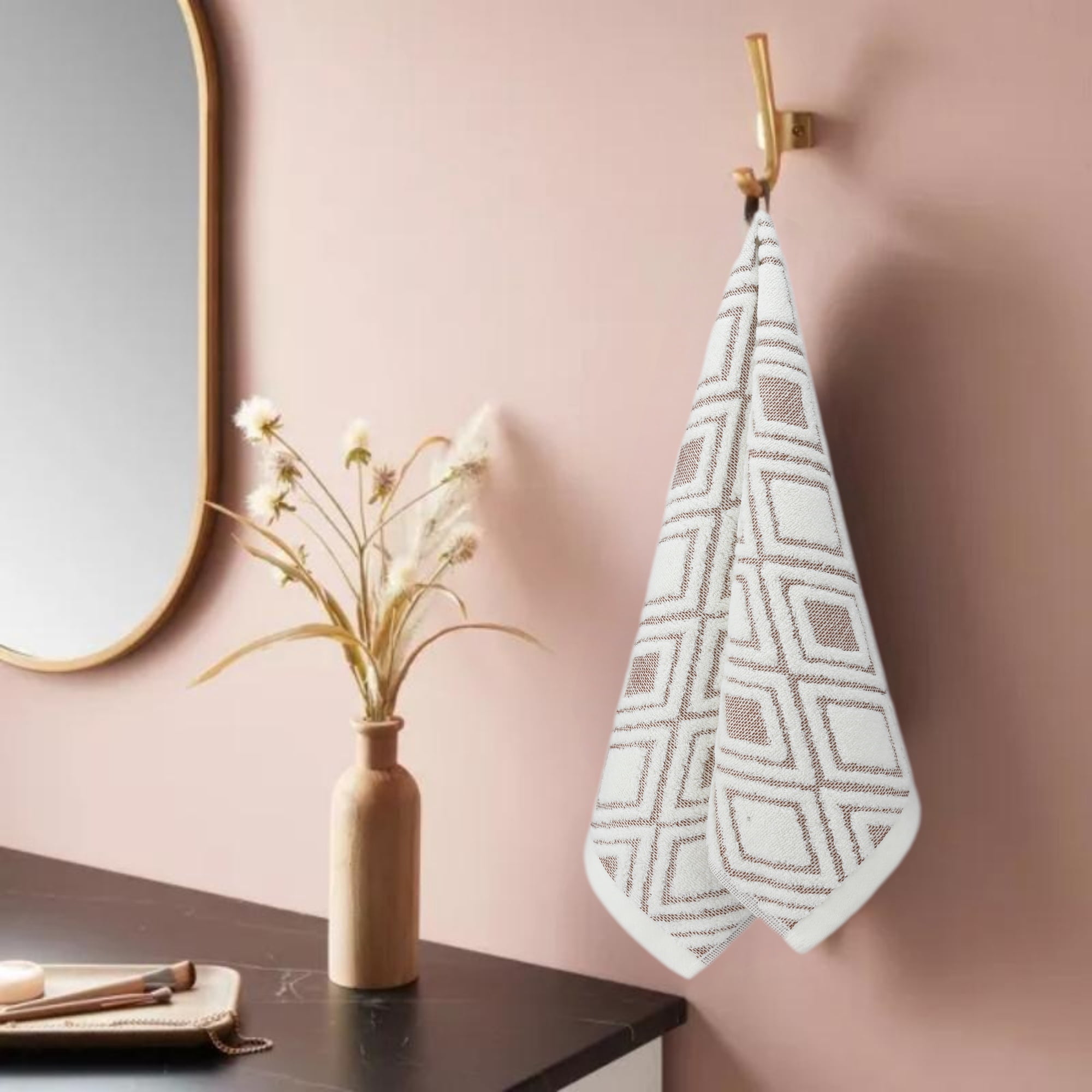 REGALWOVEN Geometric Pattern Cotton Decorative Hand Towels, 13 x 29 Inch Absorbent Soft Towel for Hand Drying and Face Washing Beige 4-Piece